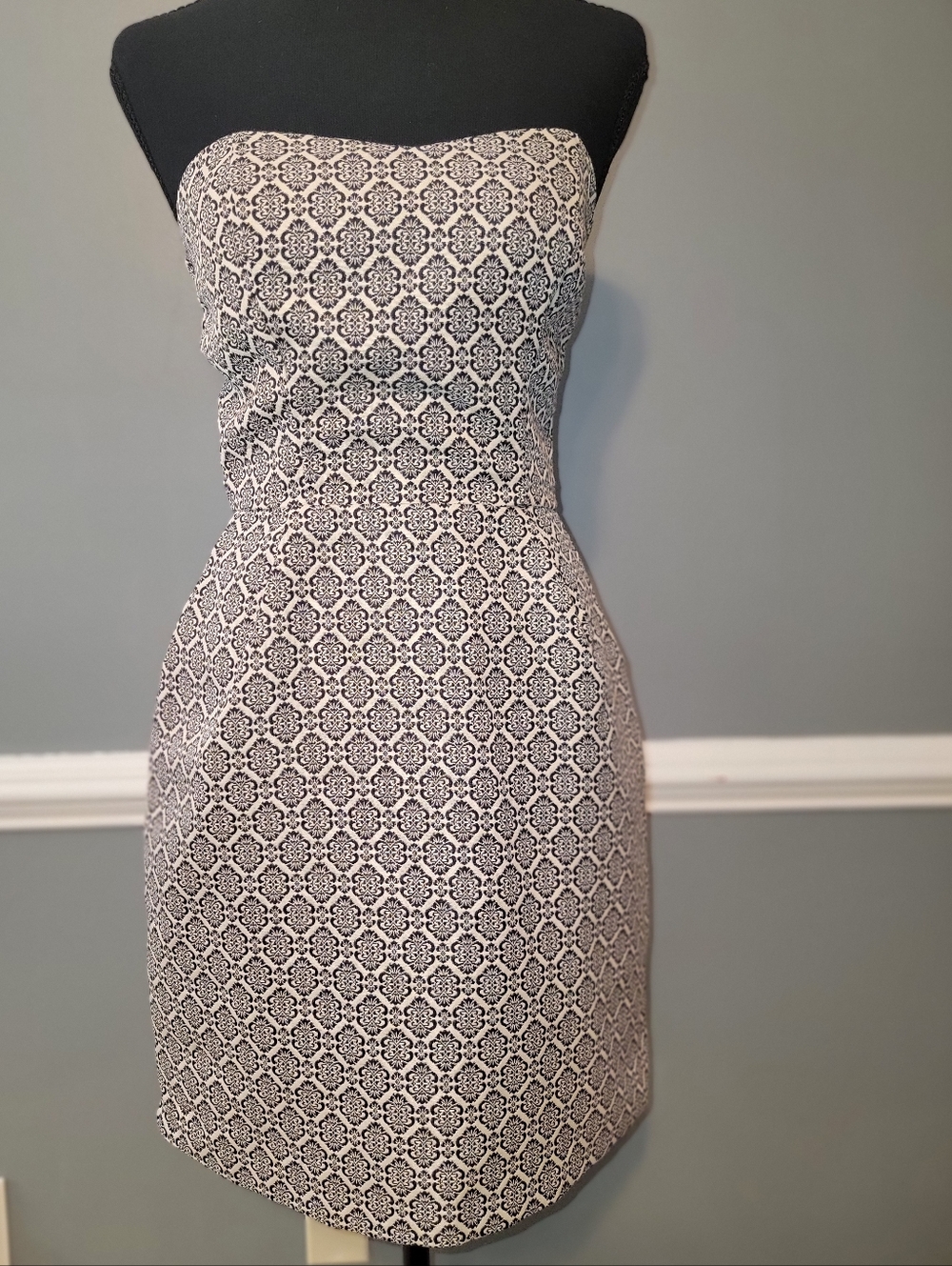 miami Strapless Sheath Dress in Black and White Tile Print